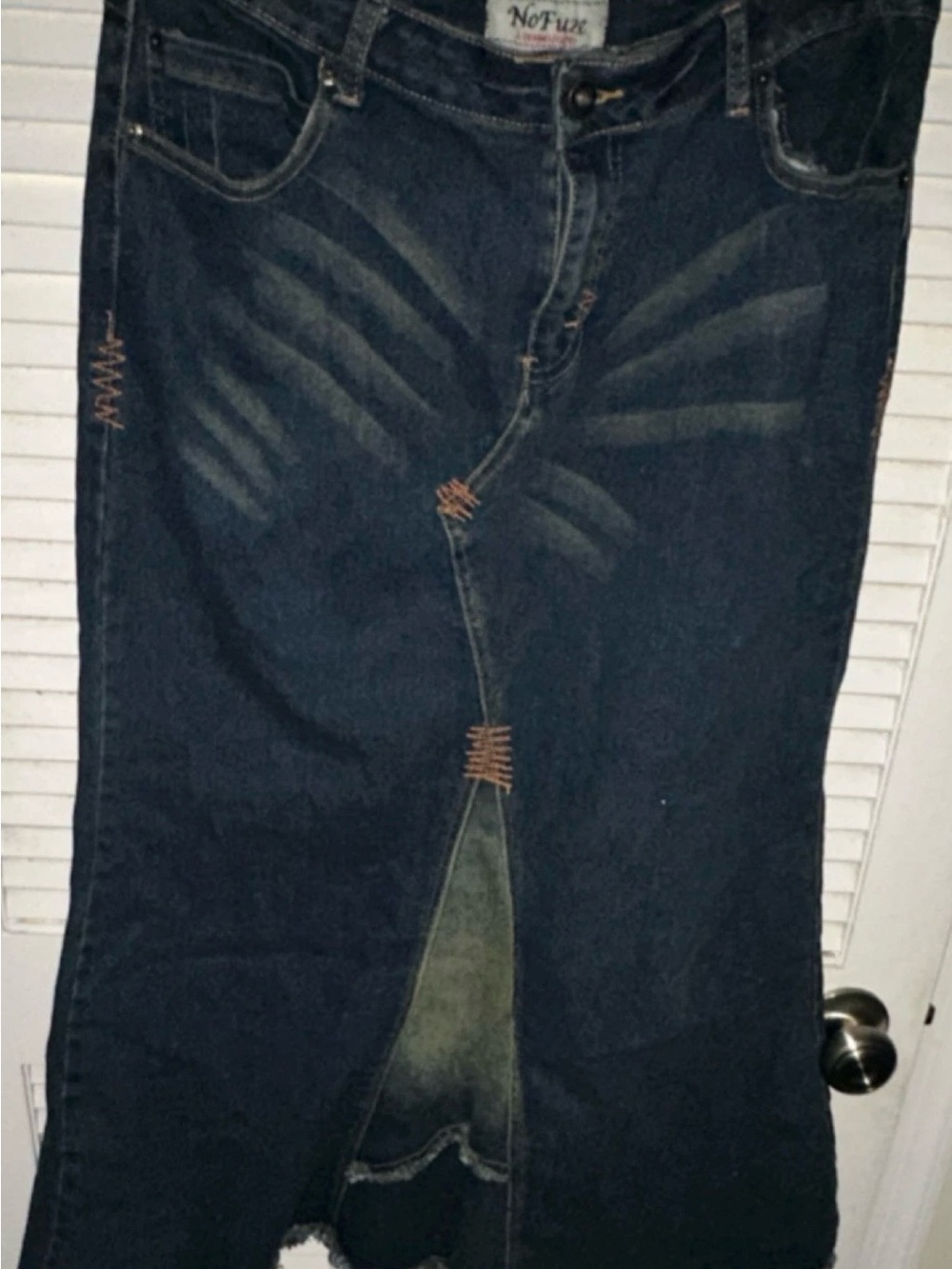 Dark Blue Bootcut Denim Skirt with Whisker Detailing